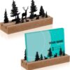 CroBlissful Deer Forest Business Card Holders (2 Pack) – Rustic Wood & Metal Mountain Range Desk Organizer for Office & Home