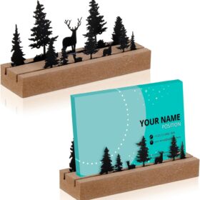 CroBlissful Deer Forest Business Card Holders (2 Pack) – Rustic Wood & Metal Mountain Range Desk Organizer for Office & Home