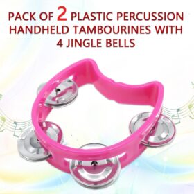 2-Pack Pink Plastic Tambourines – Handheld Percussion Instruments with 4 Jingle Bells for Kids, Music Education, Kirtan, and Church Choir