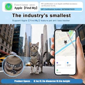 Apple Find My Compatible Cat Collar with Mini GPS Tracker – Ultra-Lightweight 0.1oz Anti-Lost Device, Adjustable 7-13in Breakaway Safety Collar, Bell Included, 48mAh Battery + Spare (iOS Only)