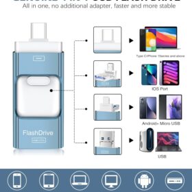 256GB 4-in-1 Flash Drive for iPhone & iPad – USB Type C Memory Stick, External Storage Photo Stick for Android, PC & Mac (Sky Blue)