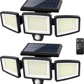 Tuffenough Solar Security Lights (2-Pack) – 210 LED 2500LM Outdoor Flood Lights with Remote Control, 3-Head Motion Sensor, 270° Wide Angle, IP65 Waterproof for Garage, Yard, and Walls