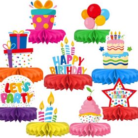 Colorful Happy Birthday Honeycomb Centerpieces - 9 Piece Table Decoration Kit with Double-Sided Prints for Kids, Boys & Girls Parties