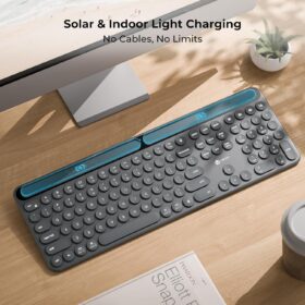 iClever HS99 Solar Bluetooth Keyboard - Wireless Rechargeable Keyboard with Solar & Indoor Light Charging, 3-Device Multi-Platform Connectivity, Full Size with Numeric Keypad, Quiet Scissor Keys for Mac & Windows