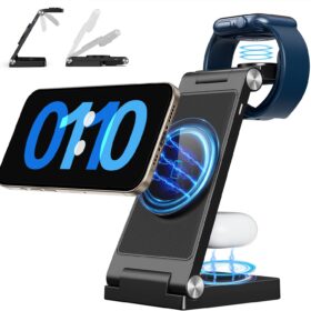 3-in-1 Foldable Mag-Safe Charging Station for iPhone 17, 16, 15, & Apple Watch - Fast Wireless Charger with Night Light & 18W Adapter