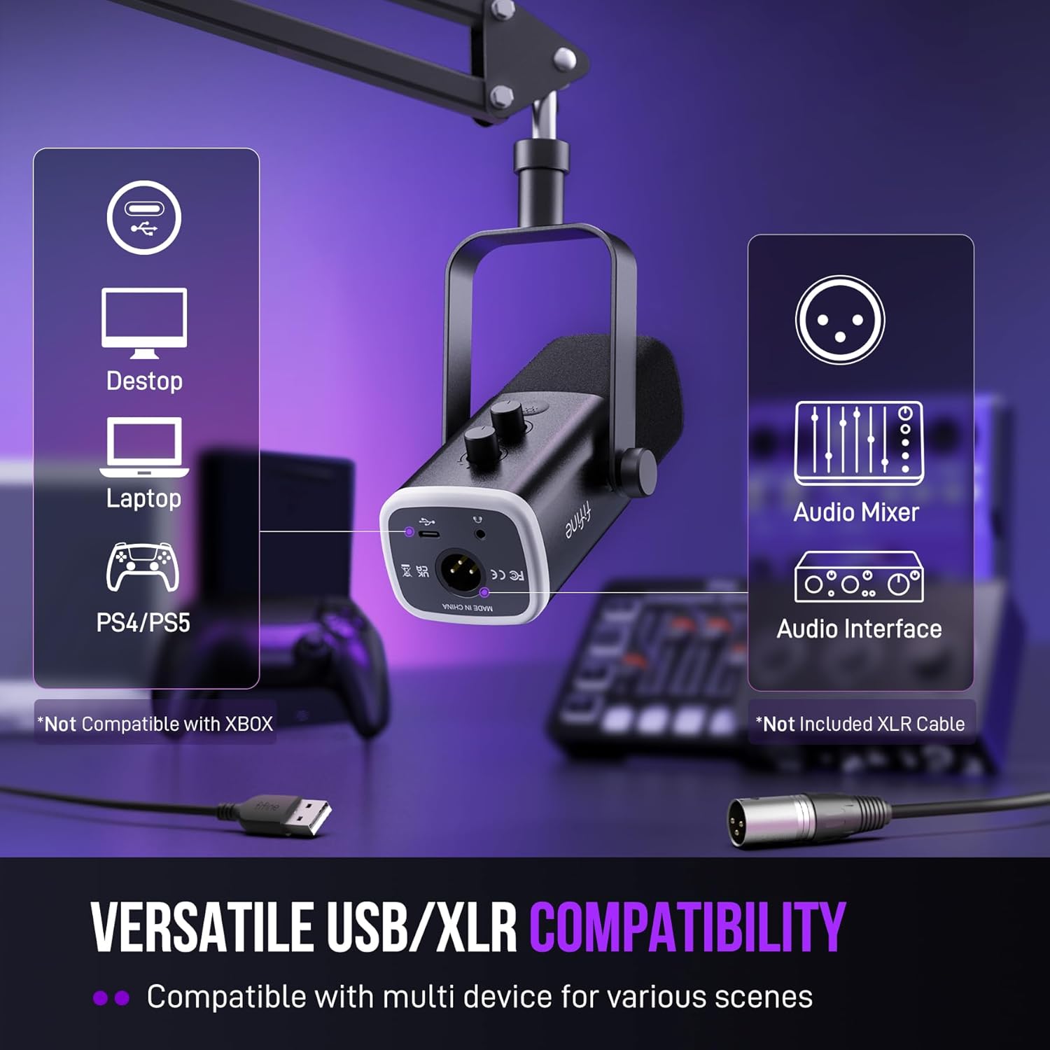 FIFINE AM8T Dynamic USB/XLR Gaming Microphone with RGB Lighting & Boom Arm Stand – Plug & Play PC Streaming Kit with Mute Button, Headphone Jack & Volume Control for Podcasts, Voice-Over, and Recording