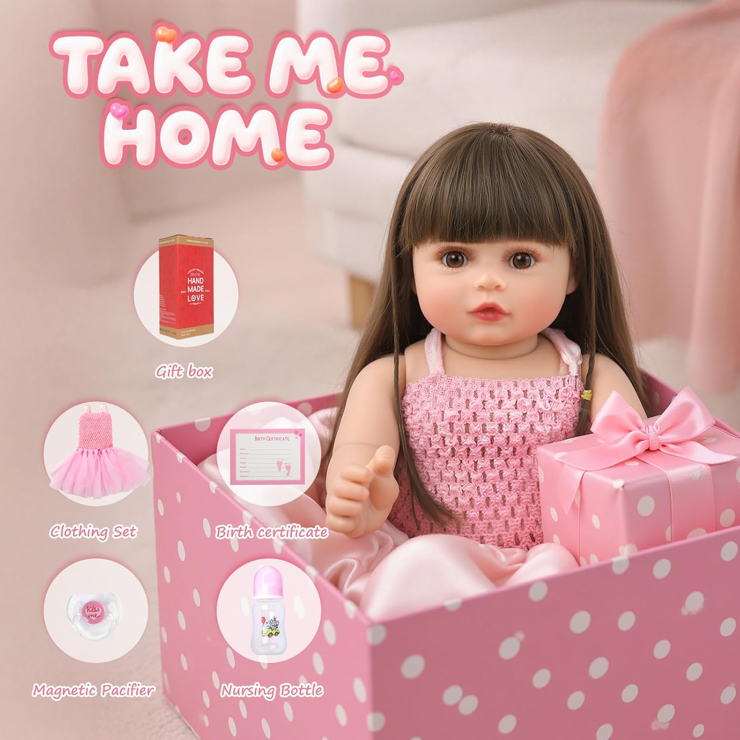 22 Inch Reborn Baby Doll - Lifelike Girl with Hair, Full Vinyl Body & 8-Piece Gift Set - Soft Silicone Realistic Newborn Toy for Kids Age 3+ (Alicia)