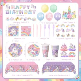 Complete Unicorn Birthday Party Supplies Kit (Serves 24) - Rainbow Theme Decorations with Tableware, Balloons, Banner & Centerpieces for Girls