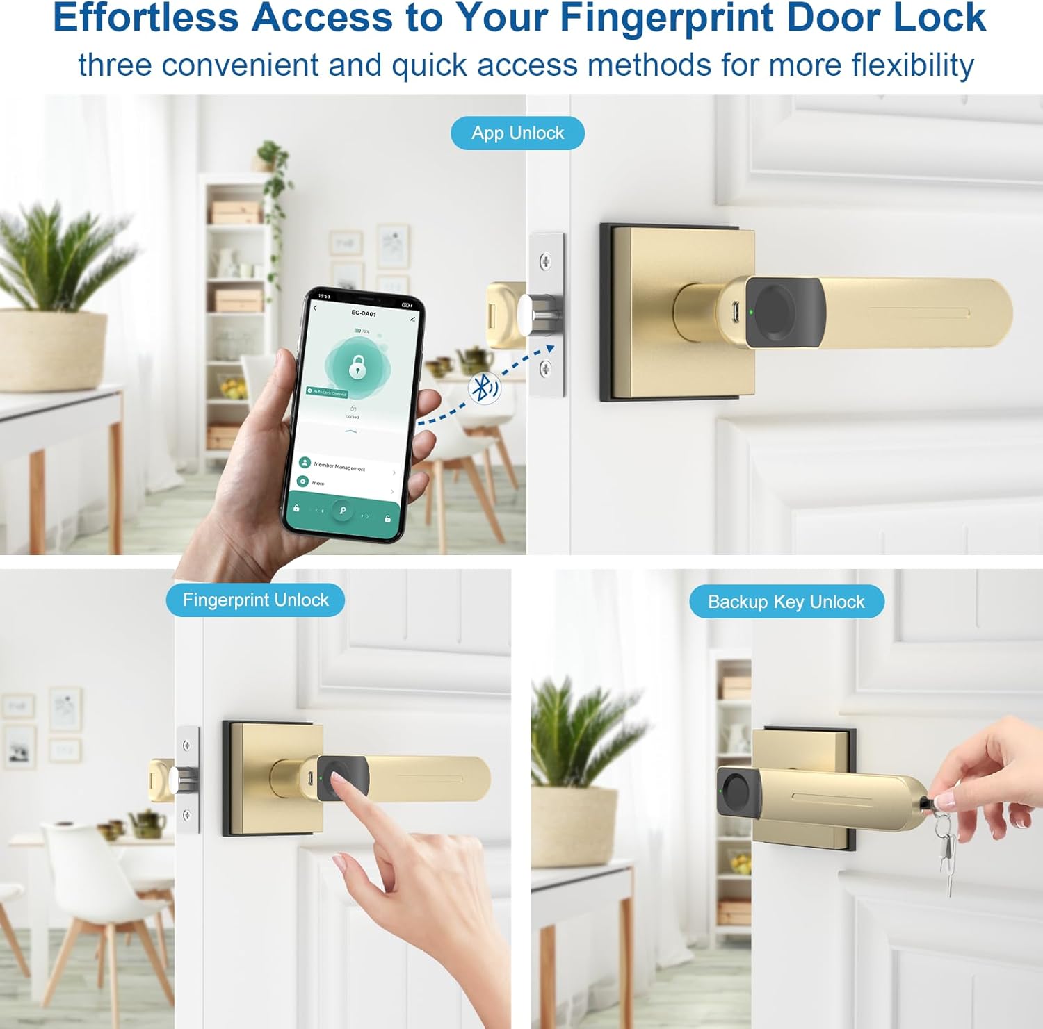Gavdhe Smart Biometric Door Lock with App Control – Keyless Entry Fingerprint Deadbolt, Auto-Lock & Anti-Peephole, Battery Powered for Home, Office & Apartment (Gold)
