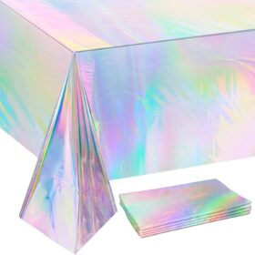 OHOME Iridescent Tablecloths – 4 Pack Disposable Rainbow Holographic Party Table Covers for Weddings, Birthdays & Disco Decorations (54 x 108 Inches)