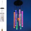DesGully Solar Wind Chimes with 6 LED Tubes – Color Changing Outdoor Garden Lights, Memorial Wind Chime with DIY Wooden Pendant, Unique Patio Decor & Gift for Her/Him