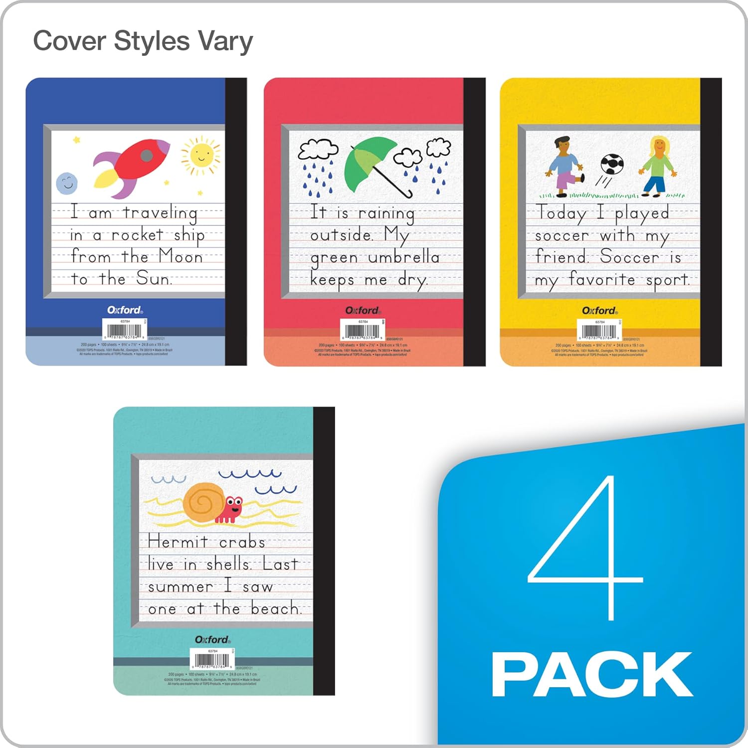 Oxford Primary Composition Notebooks (Pack of 4) – 9.75” x 7.5” K-2 Story Journals with Drawing Space & Primary Ruling for Handwriting Practice