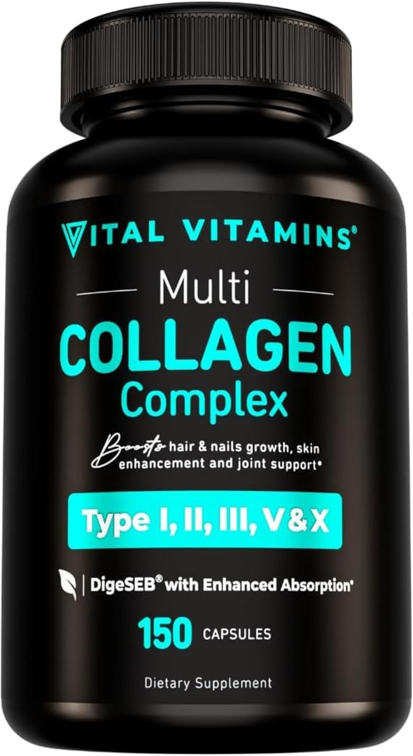 Vital Vitamins Multi Collagen Complex - 5 Types (I, II, III, V, X) Hydrolyzed Peptides for Women & Men - Supports Hair, Skin, Nails, Joints & Gut - Grass Fed, Non-GMO - 150 Capsules