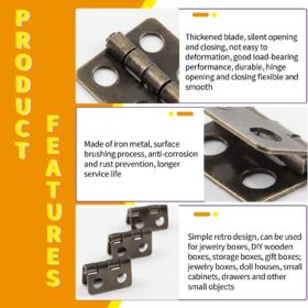 30 Pcs Miniature Butt Hinges with Screws - 13x12mm Antique Bronze Iron Hardware for Jewelry Boxes, Small Cabinets & DIY Wood Crafts