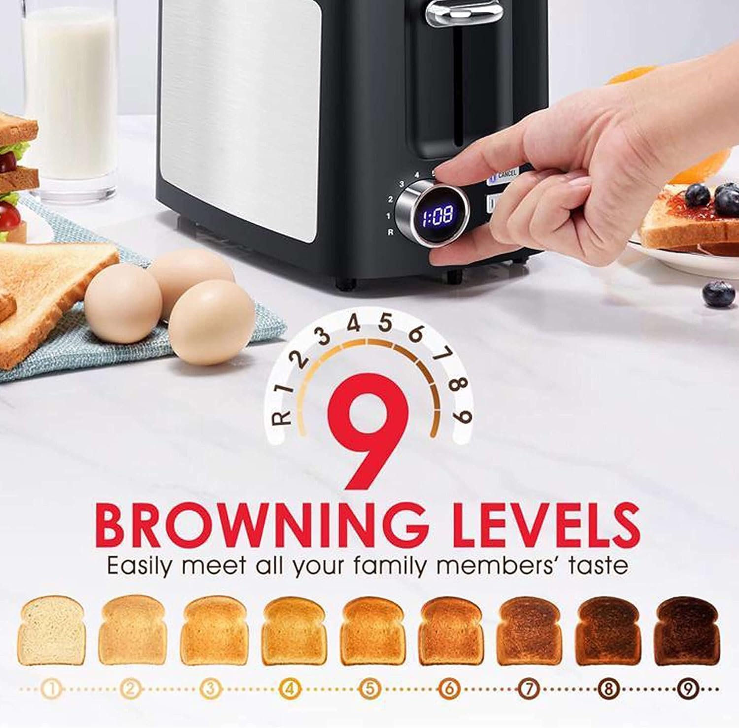 2 Slice Digital Toaster with LCD Timer - 1.5 Inch Wide Slot Stainless Steel Smart Bread Toaster with Bagel, Defrost, Cancel, Reheat Modes, Removable Crumb Tray & 9 Browning Settings for Home Kitchen