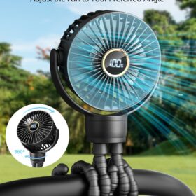 Portable Stroller Fan with Flexible Tripod - Mini USB Rechargeable Clip-on Fan for Baby Stroller, Car Seat, and Travel - 3 Speeds, 360° Rotation, LED Display, Quiet Motor for Baby and Kids (Black)