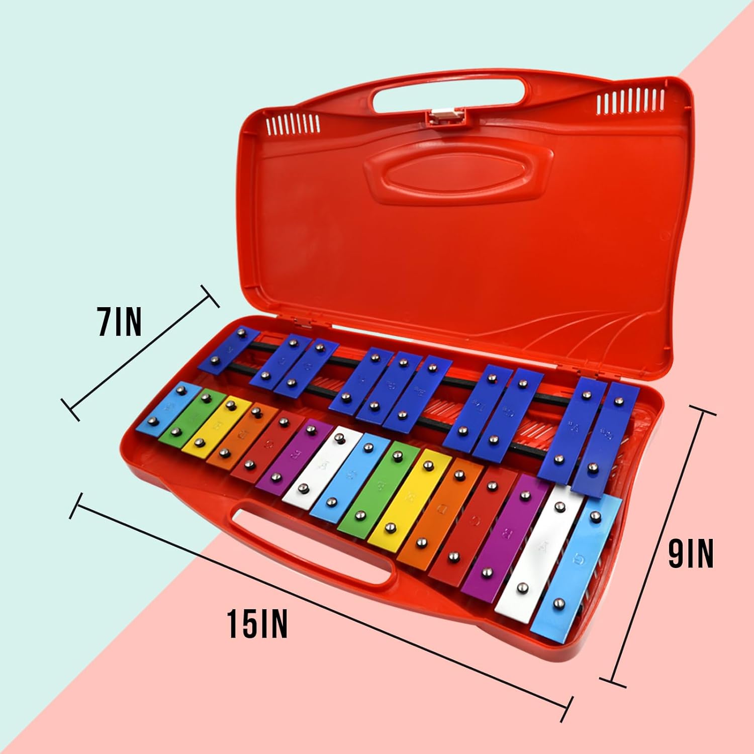 Soulmate 25-Note Glockenspiel Xylophone – Professional Percussion Instrument with 2 Full Octaves, Color-Coded Metal Keys, and Portable Case – Ideal Music Teaching Toy for Kids & Beginners (Red)
