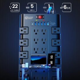 SUPERDANNY 28-in-1 Surge Protector Power Strip: 22 AC Outlets & 6 USB Ports with 2100J Protection & 6.5Ft Flat Cord
