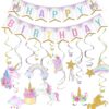 Rainbow Unicorn Party Decorations Set – Magical Birthday Banner & Hanging Swirls for Girls