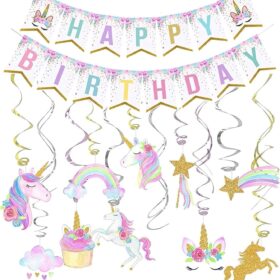Rainbow Unicorn Party Decorations Set – Magical Birthday Banner & Hanging Swirls for Girls
