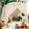 Sumbababy Large Teepee Tent for Kids with Star Lights - Indoor/Outdoor Playhouse, Cotton Canvas Play Tent with Flags & Poles - Cream Playroom Canopy for Boys & Girls, Easy Assembly
