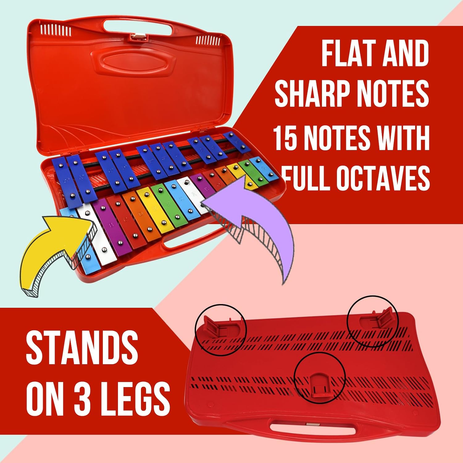 Soulmate 25-Note Glockenspiel Xylophone – Professional Percussion Instrument with 2 Full Octaves, Color-Coded Metal Keys, and Portable Case – Ideal Music Teaching Toy for Kids & Beginners (Red)