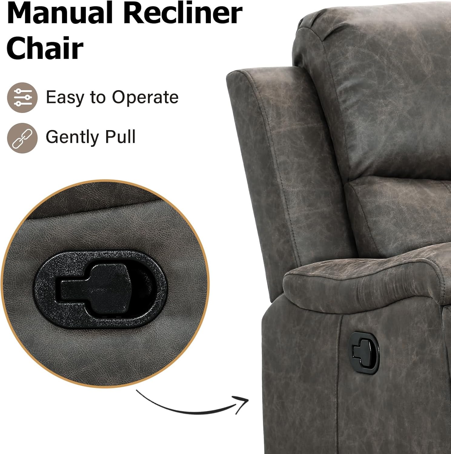 CANMOV Grey Leather Recliner Chair – Overstuffed Manual Reclining Sofa with Hidden Cup Holders and Lumbar Support