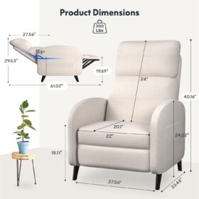 FLEXISPOT Softa Fabric Recliner Chair for Adults – 90°-155° Adjustable Living Room Armchair with Extended Footrest, Side Pockets, and Beige Upholstery – 300 lb Capacity