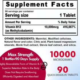 Methylcobalamin B12 10,000 mcg - 180 Count Sublingual Tablets - 6 Month Supply - Supports Energy, Metabolism & Cognitive Function - Vegan, Non-GMO, Natural Strawberry Flavor