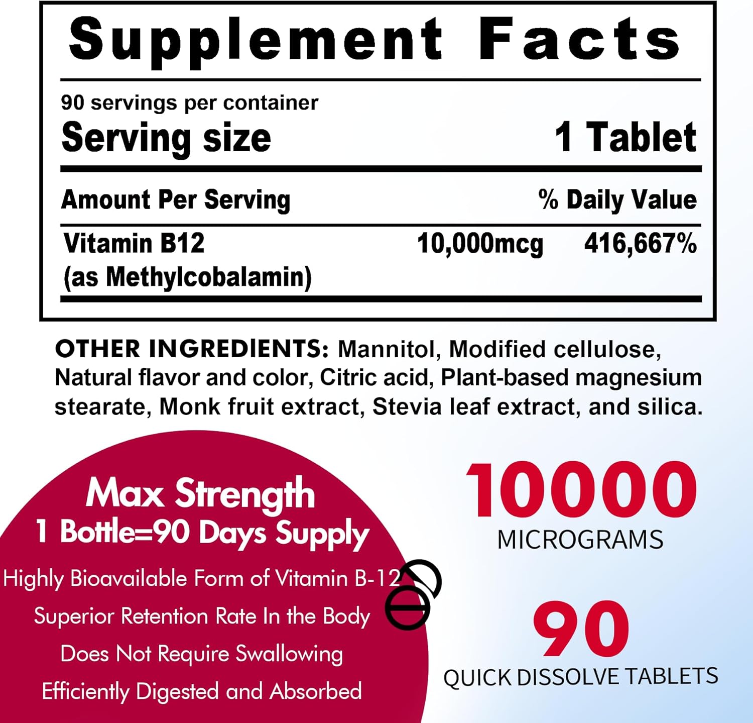 Methylcobalamin B12 10,000 mcg - 180 Count Sublingual Tablets - 6 Month Supply - Supports Energy, Metabolism & Cognitive Function - Vegan, Non-GMO, Natural Strawberry Flavor