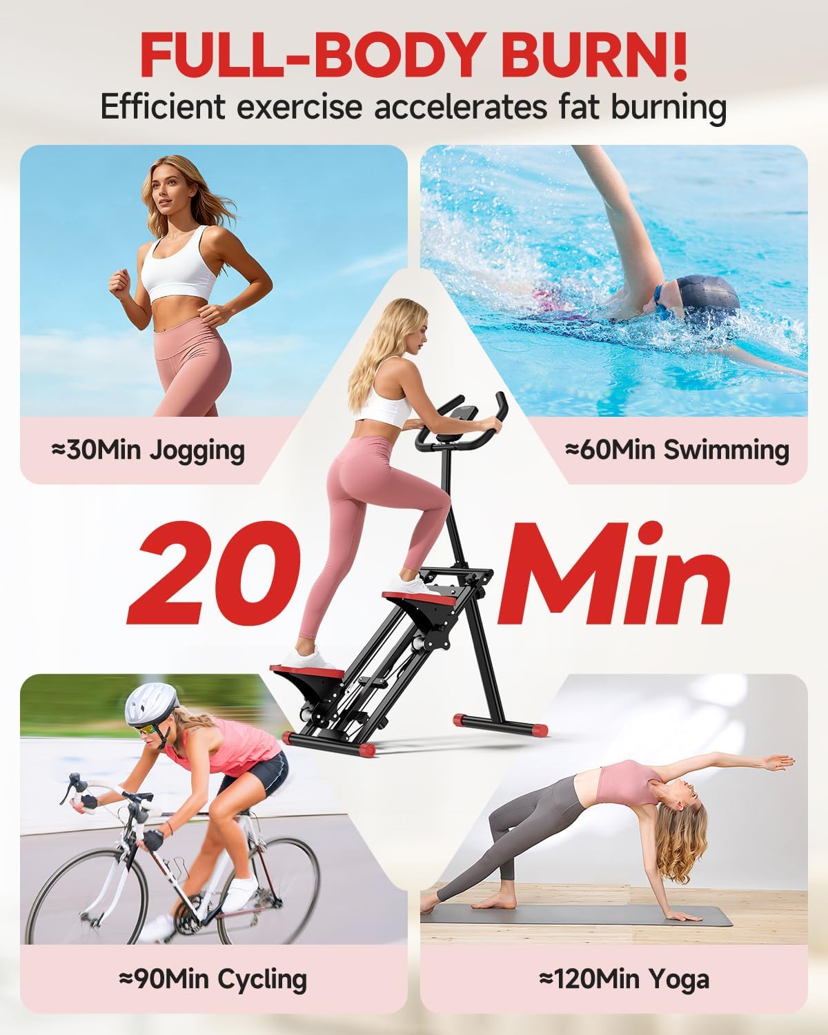 Compact Foldable Stair Stepper with Resistance Bands – Ultra-Quiet Home Cardio Machine with LCD Monitor, Non-Slip Pedals, and 3 Adjustable Height Levels