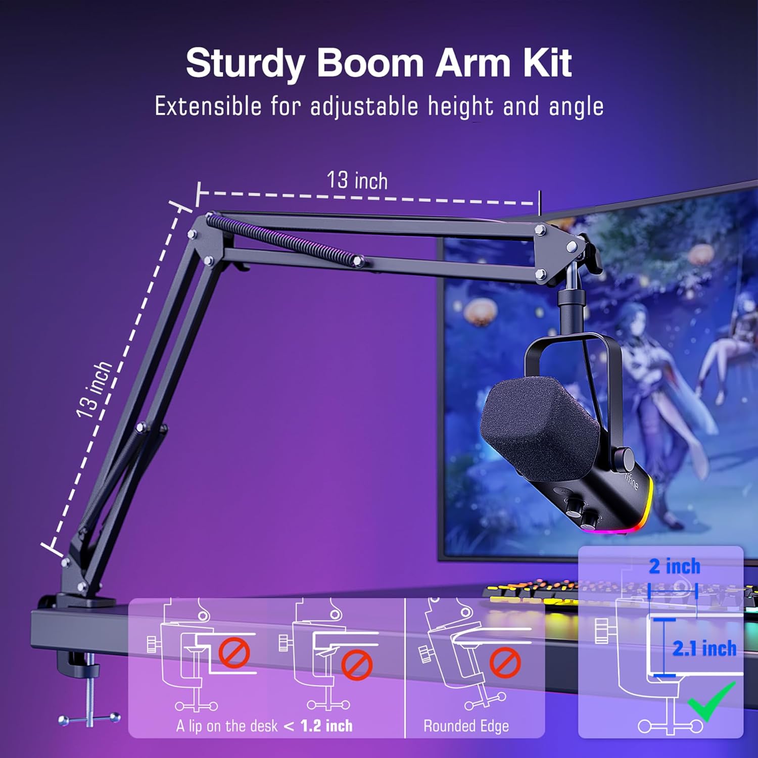 FIFINE AM8T Dynamic USB/XLR Gaming Microphone with RGB Lighting & Boom Arm Stand – Plug & Play PC Streaming Kit with Mute Button, Headphone Jack & Volume Control for Podcasts, Voice-Over, and Recording