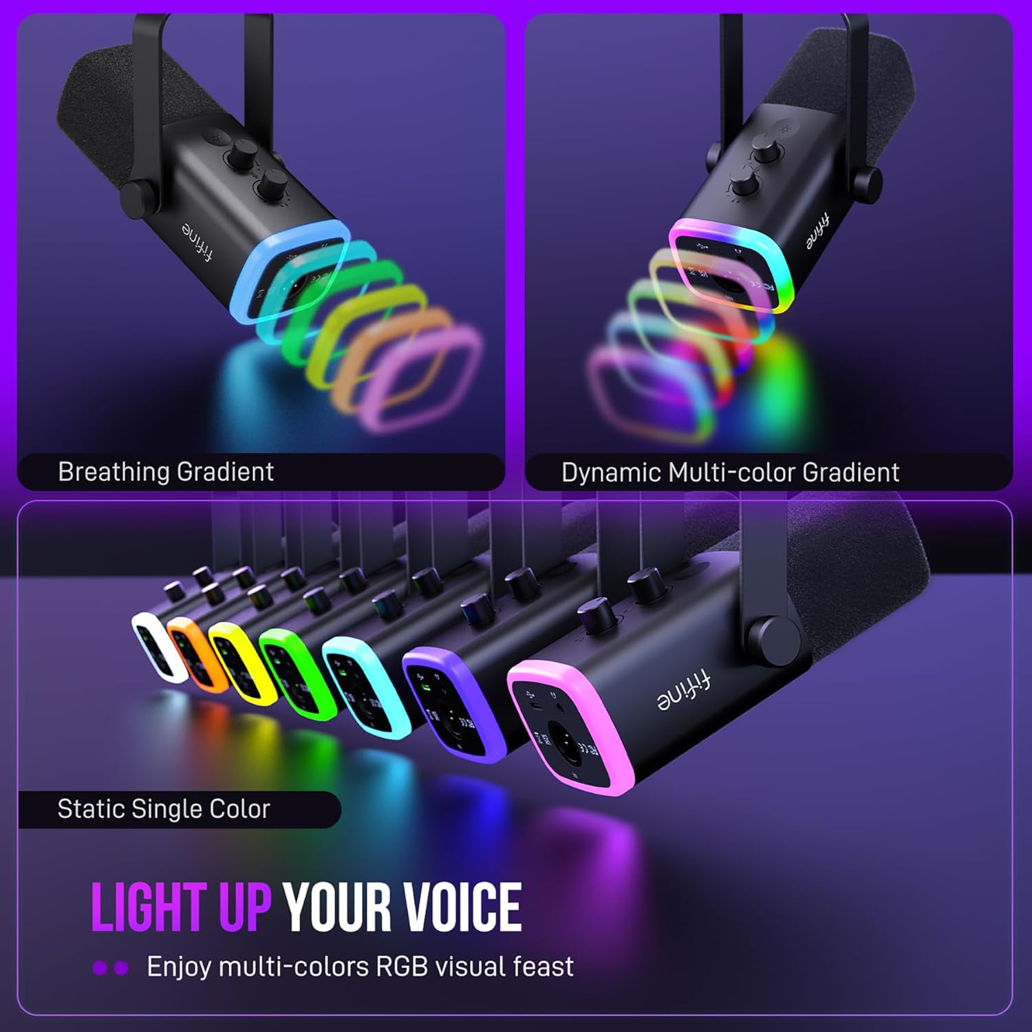 FIFINE AM8T Dynamic USB/XLR Gaming Microphone with RGB Lighting & Boom Arm Stand – Plug & Play PC Streaming Kit with Mute Button, Headphone Jack & Volume Control for Podcasts, Voice-Over, and Recording