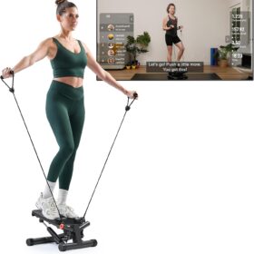 Sunny Health & Fitness Mini Stepper with Resistance Bands – Compact Stair Stepper Machine for Home Cardio, Leg & Glute Workout