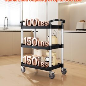 VEVOR Heavy-Duty 3-Tier Rolling Utility Cart with Wheels – 300 lbs Capacity Commercial Service Cart for Kitchen, Office & Garage