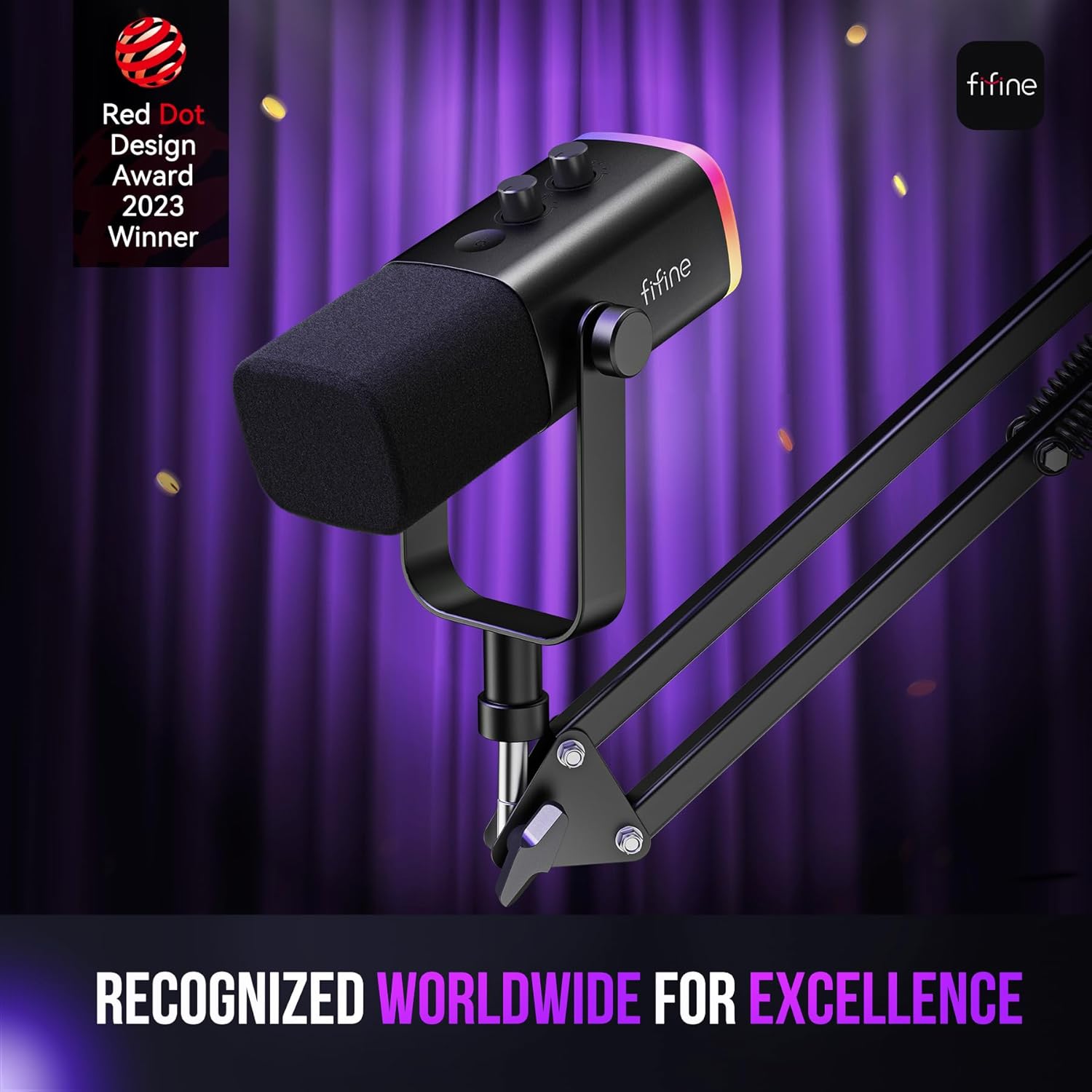 FIFINE AM8T Dynamic USB/XLR Gaming Microphone with RGB Lighting & Boom Arm Stand – Plug & Play PC Streaming Kit with Mute Button, Headphone Jack & Volume Control for Podcasts, Voice-Over, and Recording