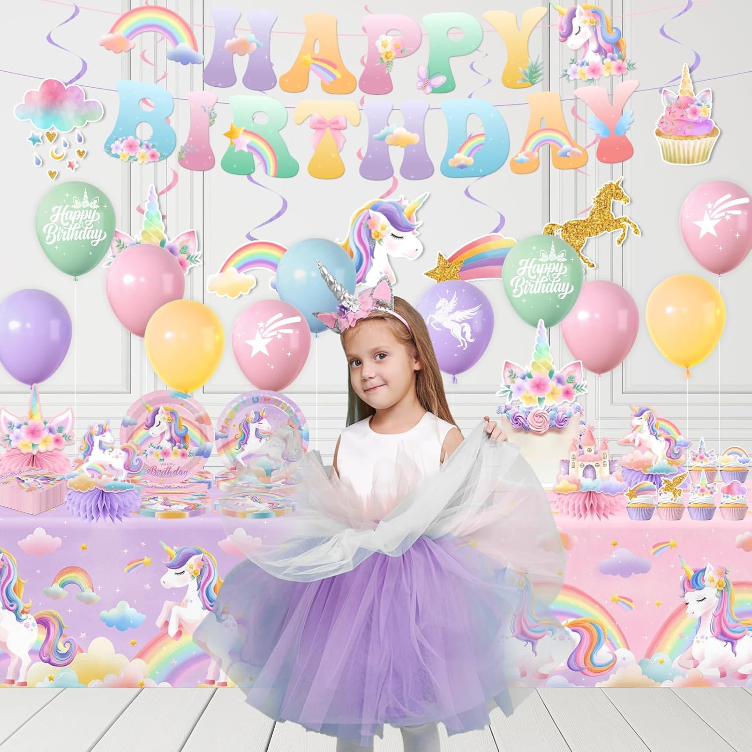 189-Piece Unicorn Party Decorations Set – Rainbow Themed Birthday Tableware & Party Supplies for Girls