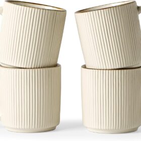 Famiware Star Collection 12oz Coffee Mug Set – Handcrafted Reactive Glaze Stoneware Cups, Stackable & Microwave Safe (Set of 4, White)