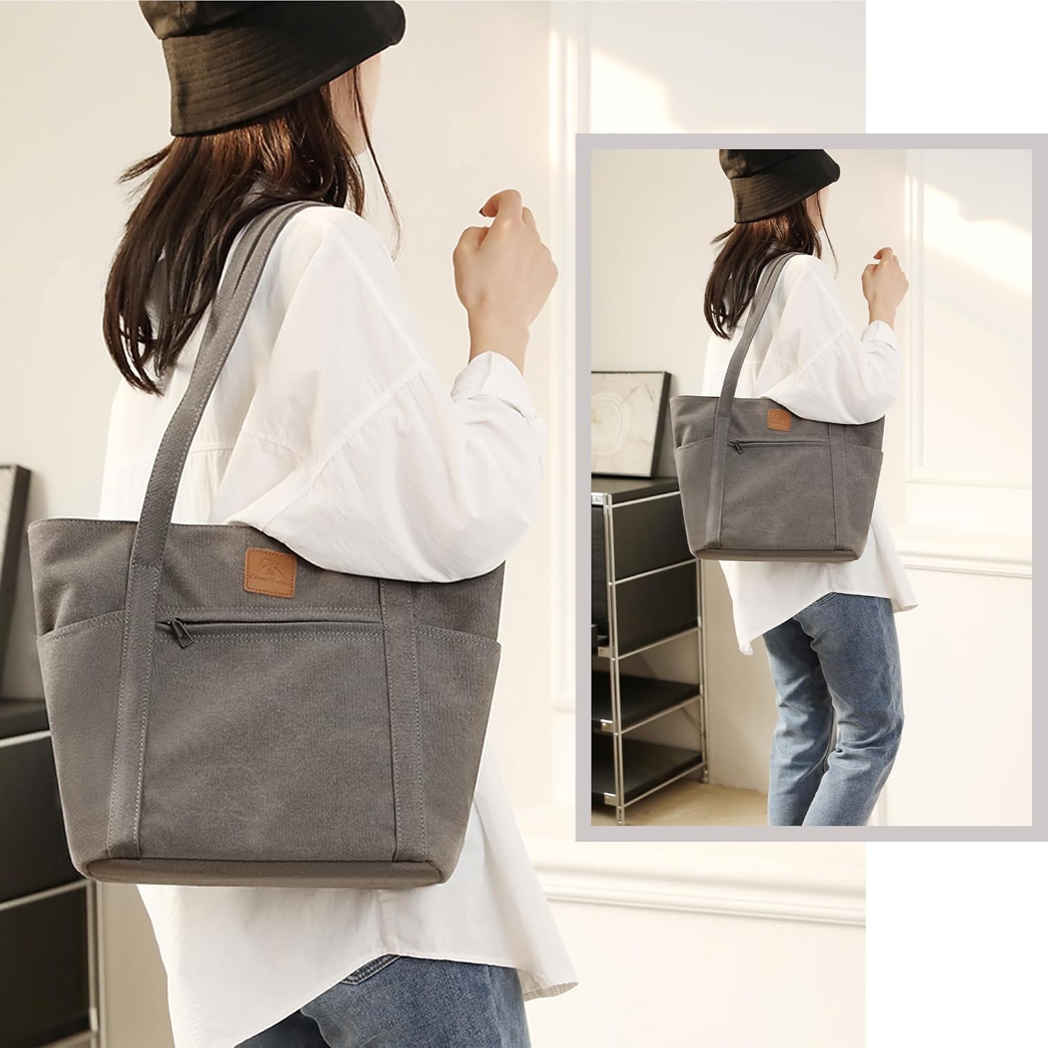 DOURR Women's Retro Heavy-Duty Canvas Bucket Tote - Multi-Pocket Work Shoulder Handbag