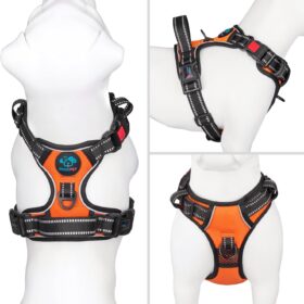PHOEPET No Pull Dog Harness – Medium Adjustable Reflective Vest with Front Clip & Handle, Easy-On/Off (Orange)
