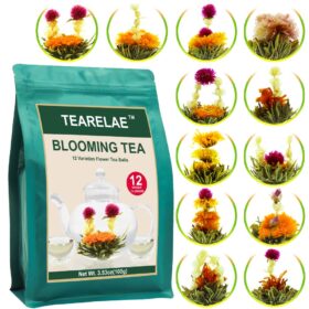TEARELAE Blooming Tea Flowers Set - 12 Handcrafted Individually Wrapped Green Tea Balls with Edible Flowers - Artisan Gift for Tea Lovers
