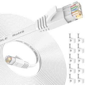 Folishine Flat Cat 6 Ethernet Cable 25 ft – High Speed White Internet Cord with RJ45 Connectors, Slim LAN Network Patch Wire for Router, Modem, PS4, and PC (Faster than Cat5e)