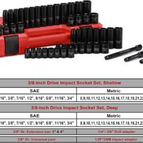 CASOMAN 3/8' Drive Impact Socket Set – 49 Piece Cr-V Steel Standard & Metric Deep & Shallow Kit with Extensions