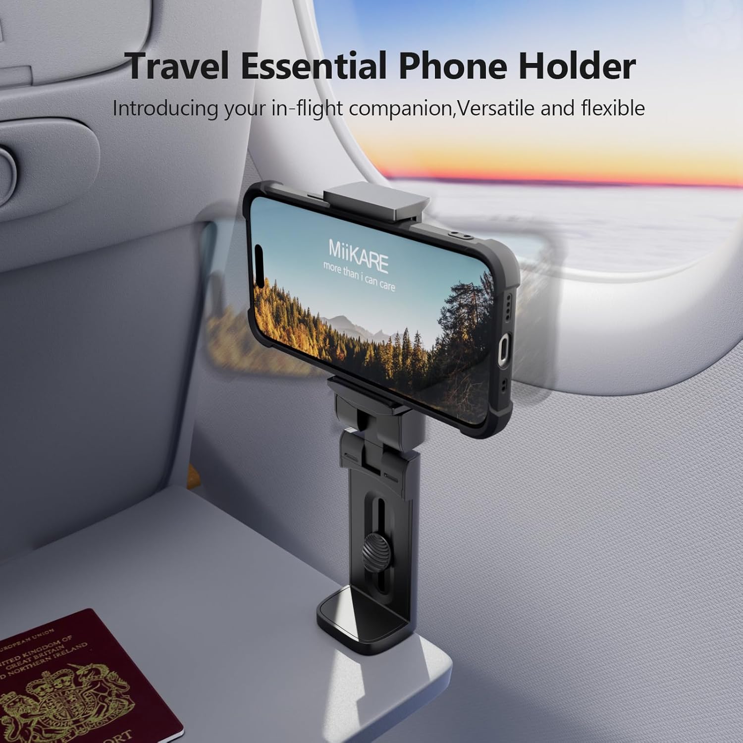 MiiKARE Airplane Travel Phone Mount – Universal Hands-Free Holder for Flight Tray Tables, Desks & Luggage – 360° Rotation & Portable Design