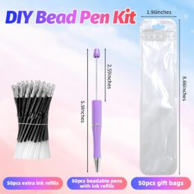DASTTUIS 150-Piece DIY Beadable Pen Kit – Bulk Set of 50 Ballpoint Pens, Refills & Gift Bags for Custom Crafts & School Projects (Beads Not Included)