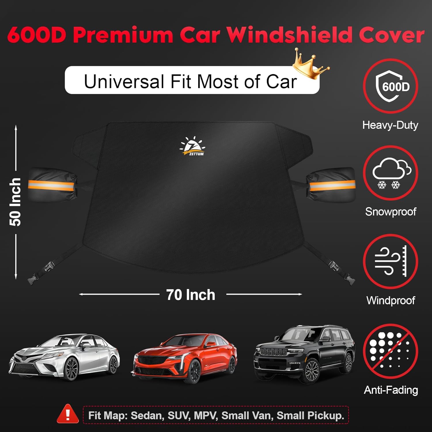 Zettum 600D Heavy Duty Windshield Snow Cover for Ice & Frost – All-Weather Waterproof Car Window Protector with Side Mirror Pockets (70" x 50")
