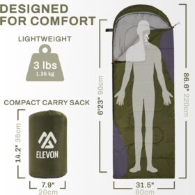 Elevon 3-4 Season Sleeping Bag for Adults & Kids - Waterproof, Lightweight & Compact with Compression Sack for Backpacking, Camping & Hiking