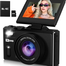 Digital Camera 5K UHD Compact Vlogging Camera with 64GB SD Card, 80MP Point and Shoot with 3" Flip Screen & 18X Zoom for YouTube & Beginners (Black)