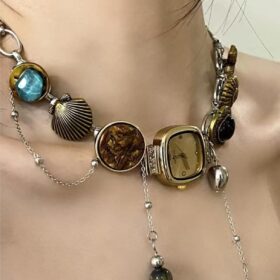 Vintage Timepiece Pendant Necklace with Seashell Charm & Gemstones | Gold-Tone & Silver-Tone Dual Chain Jewelry for Women