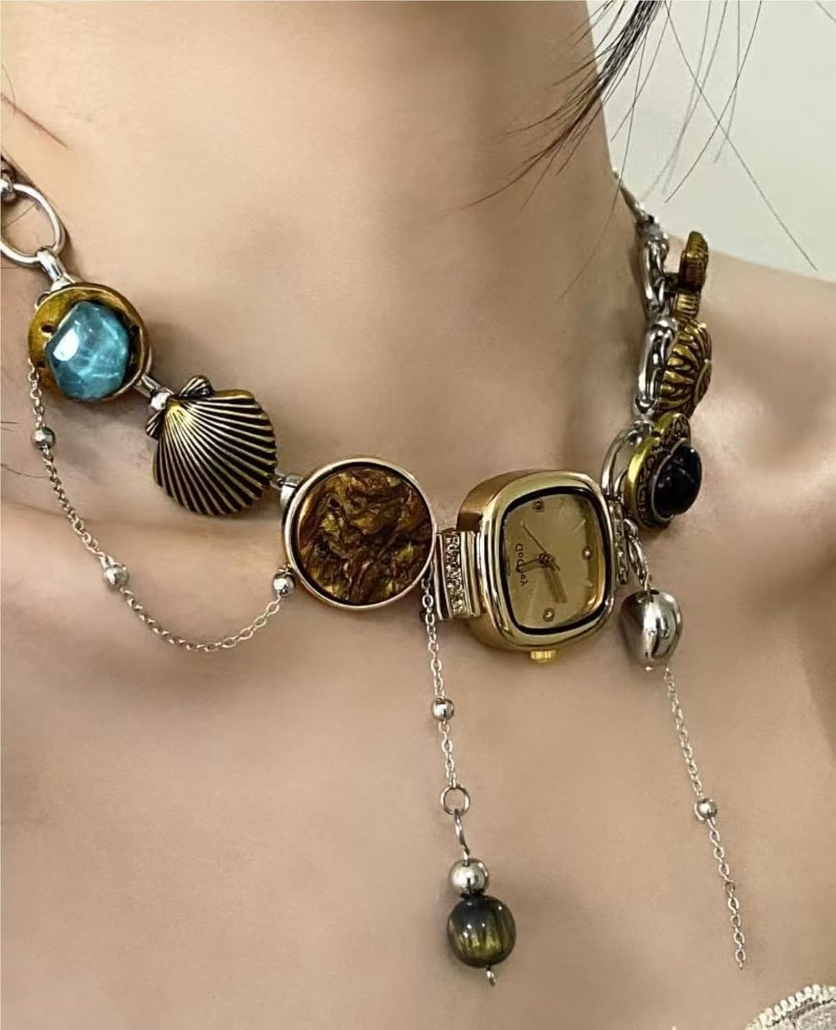 Vintage Timepiece Pendant Necklace with Seashell Charm & Gemstones | Gold-Tone & Silver-Tone Dual Chain Jewelry for Women